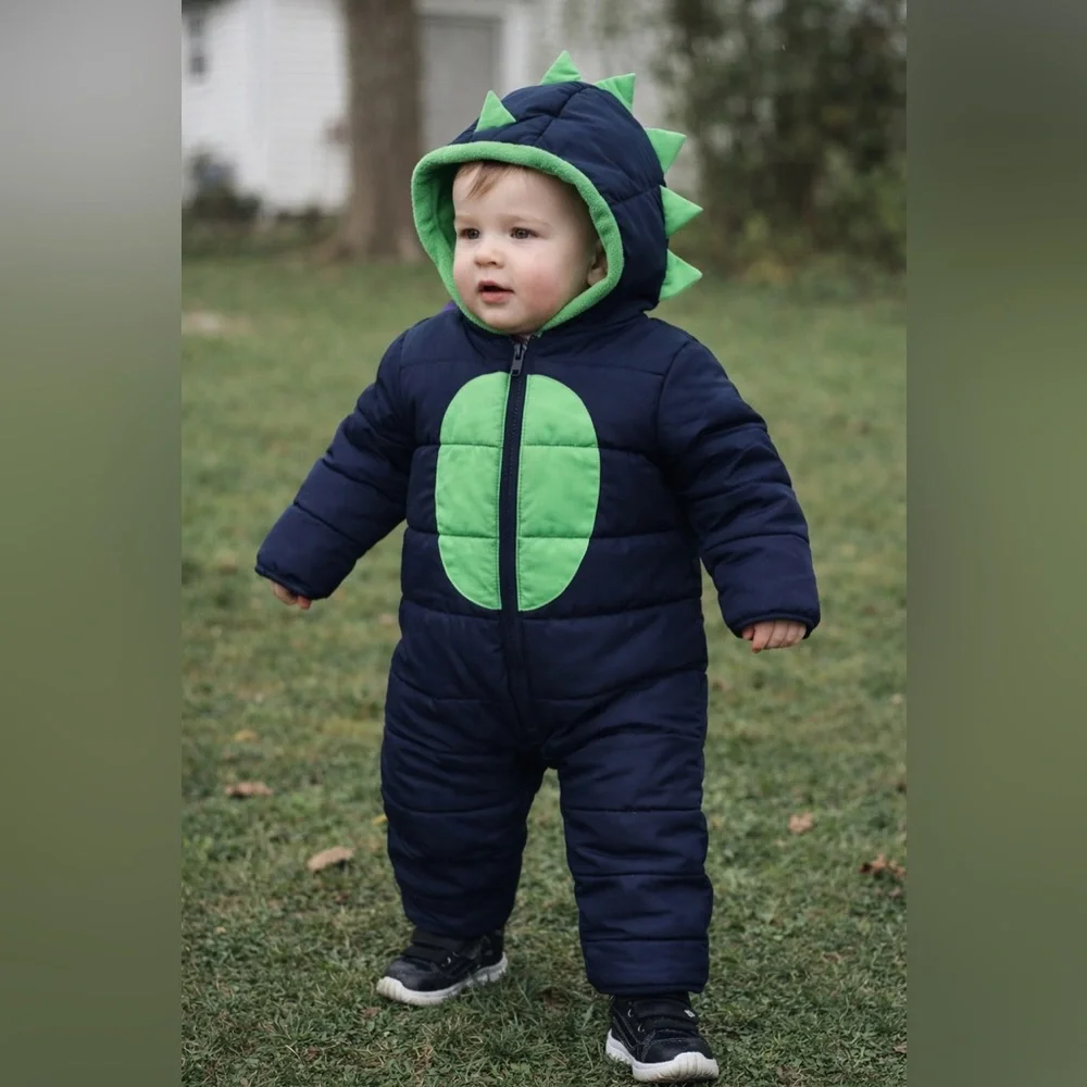 Carters Baby Dinosaur Snowsuit 3-6M Hooded Fleece Lined Winter Bunting